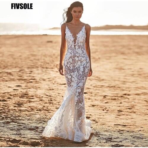 Fivsole Sexy Mermaid Wedding Dress 2021 Champagne Nude Tulle Illusion Neck Lace Applique Bridal Gowns Open Back Vestido De Noiva