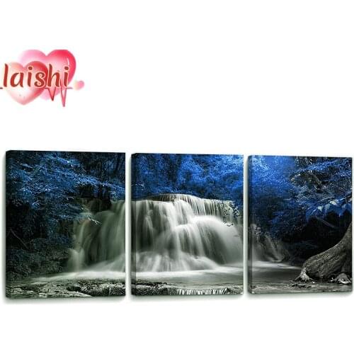3pcs New Blue waterfall scenery Diamond Painting DIY full square Round drill Diamond Embroidery Home Decoration Christmas Gift