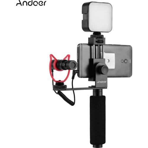 Andoer Smartphone Vlogging Hand Grip Mobile Phone Video Recording Holder Handle Stabilizer Cellphone Clamp with Microphone