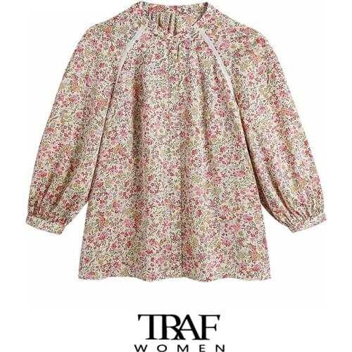 TRAF Za Women Fashion With Lace Floral Print Loose Blouse Vintage Three Quarter Sleeve Button-up Female Shirts Chic Tops