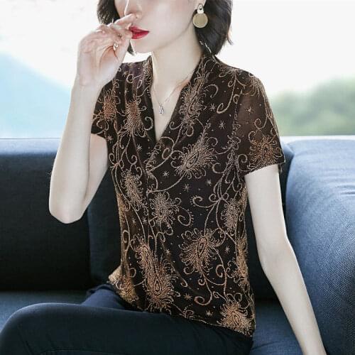 Womens Spring Summer Style Blouses Shirt Womens Printed V-neck Short Sleeve Sequined Elegant Patchwork Slim Tops DD8755