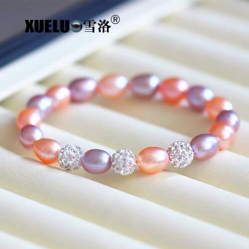 XUELUO 8-9mm Elastic Fashion AAA High Quality Oval Natural Cultured Freshwater Pearl Beads Bracelet , Crystal Pearl Bracelet