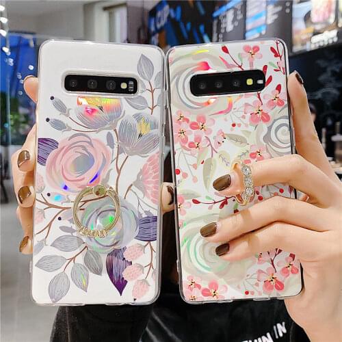 Laser Banana Leaf Flower Soft TPU Phone Case for Samsung Note 9 10 20 Plus 20 Ultra Finger Ring Stand Holder Floral Leaves Cover
