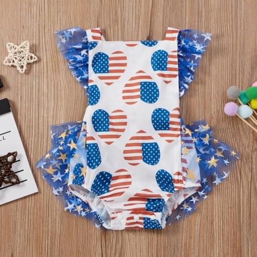 Baby Newborn Girl Independence Day Star Striped Print Romper Sleeveless Mesh Yarn Skirt Infant Toddler Rompers Jumpsuits 0-24M