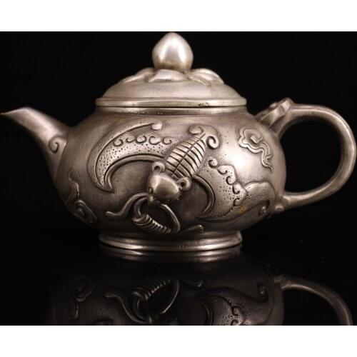 7"Chinese Folk Collection Old Bronze Gilt silver Bat statue kettle flagon teapot Office Ornaments Town House Exorcism