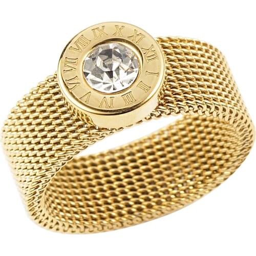 Stainless Steel Gold Ring Big Round Crystal Mesh Finger Ring Roman Numerals Rings for Women Men Fashion Brand Jewelry