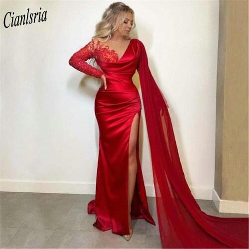 Red Sexy Illusion High Split Mermaid Evening Dress With Ribbons Long Sleeve Appliques Lace Formal Evening Party Dresses