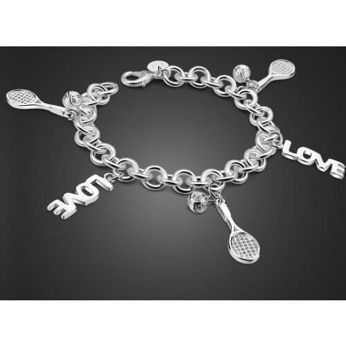 Cute Tennis Racquet LOVE Pendant Chain Bracelet Women Fashion 100% 925 Sterling Silver Bracelet Bangle Gifts Cuff Jewelry