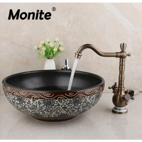 Monite Black Ceramic Wash Basin Faucet Set Bathroom Ceramic Round Sink Bacia Antique Brass Deck Mounted Tap Mixer Faucet