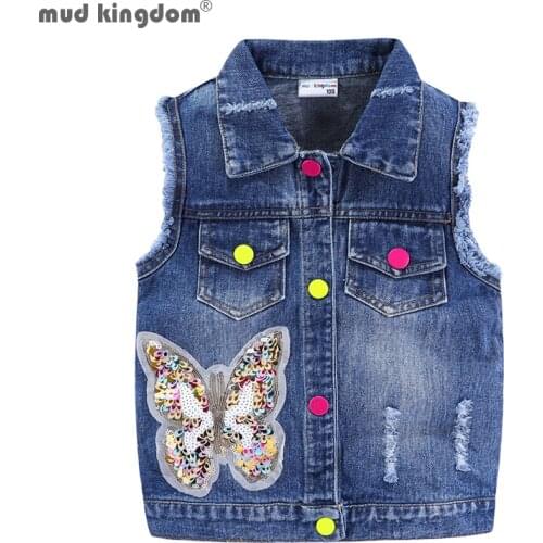 Mudkingdom Little Girls Denim Vest Butterfly Sequin Turn-Down Collar Autumn Jacket for Kids