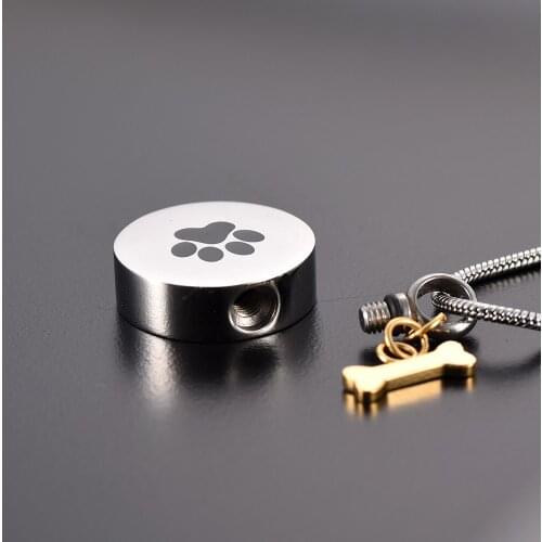 Free Filling Kit, Black Dog Paw Printed Round Cremation Urn Pendant with Gold Polishing Bone Shape Charm Funeral Casket Jewelry