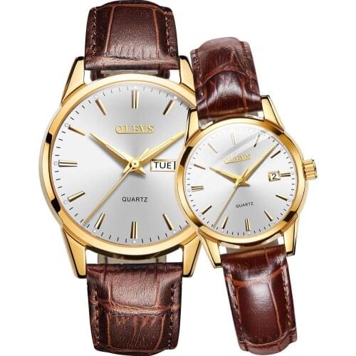 OLEVS Couple Watch Breathable leather Band Fashion Business Waterproof His and Her Quartz Wristwatch Set for Lovers One Pair