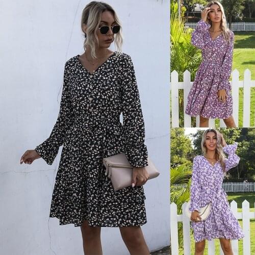 Midi Sexy V-Neck Print Dresses Woman Autumn 2021 Long-Sleeved Mid-Waist Lace Up Fall Dress A-Line Skirt Chiffon Button Sundress