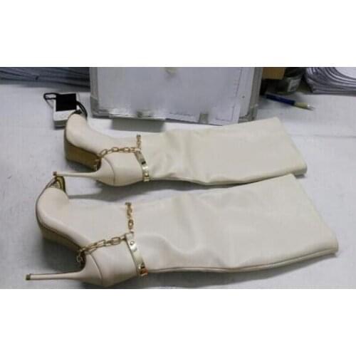 New Fashion Gold Metal Pointed Toe Chain Design Knee High Gladiator Boots Black White Leather Long High Heel Boots