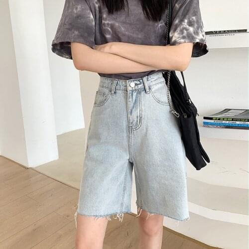 Summer New High Waist Shorts Jeans Woman Plus Size Spodenki Damskie Korean Casual Loose Straight Broken Edge Split Short Denim