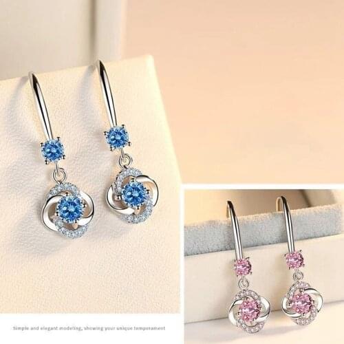 Cute Female Crystal Pink Blue White Drop Earrings Silver Color Zircon Stone Earrings Small Round Dangle Earrings For Women