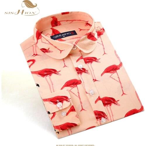 SISHION Cotton Flamingo Print Blouse Women VD1324 Long Sleeve Vintage Women Ladies Tops Plus Size Shirts