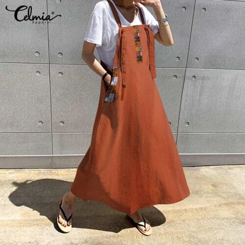 Celmia Vintage Women Apron Dress 2021 Summer Sexy Straps Vintage Casual Long Sundress Baggy Printed Pocket Party Maxi Vestidos