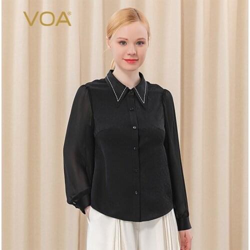 VOA White Thread Border Embroidery Single-breasted Perspective Long-sleeved Dark Pattern Plant Flower Brocade Silk Shirt BE278