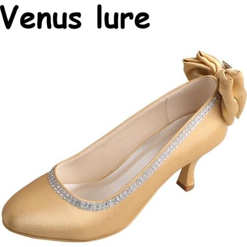 Wedopus Gold Medium Heel Shoes for Women Slip on Mother Party Shoes Size 8