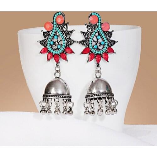 Womens Bohemian Ethnic Leaf Rhinestones Earrings 2021 Vintage Alloy Bells Dangle Earrings Indian Jewelry