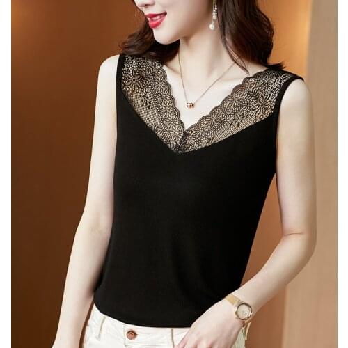 2021 summer new style womens simple stitching lace v-neck solid color vest modal sleeveless vest ladies inside and outside