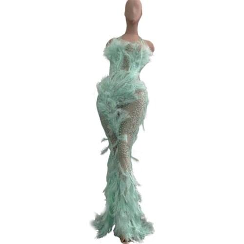 Women Celebrate Stage Outfit Dress Feather Mesh See-through Long Dresses Lady Birthday Banquet Evening Prom Show Dresses