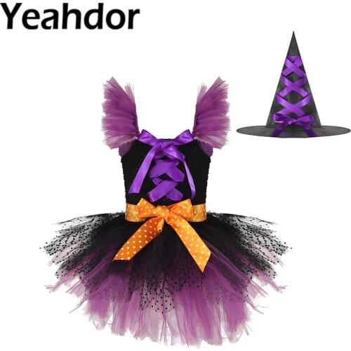2Pcs Kids Girls Dresses Halloween Witch Cosplay Costume Straps Lace Up Ruched Bodice Mesh Tutu Belt Dress with Pointed Hat Set