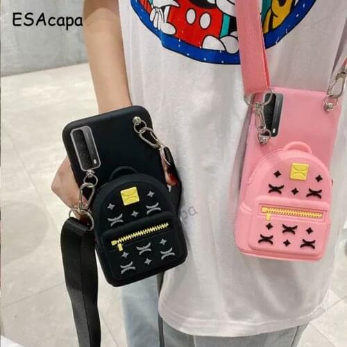 3D Cute Cartoon Zipper Wallet Silicone Phone Case For Huawei P Smart 2021 Y7A Case Coin Purse Soft Cover With Lanyard