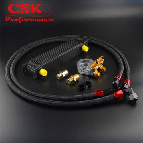 7 Row Thermostat Adaptor Engine Racing Oil Cooler Kit For Car/Truck Silver / Black