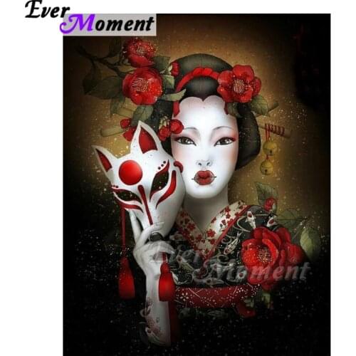 Ever Moment Diamond Painting 5D DIY Japanese Style Woman Fox Mask Rhinestone Diamond Embroidery Cross Stitch Decor ASF1720