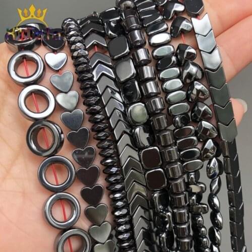 Natural Stone Beads Square Heart Rectangle Column Round Black Hematite Loose Spacer BeadsFor DIY Jewelry Making Bracelet 15
