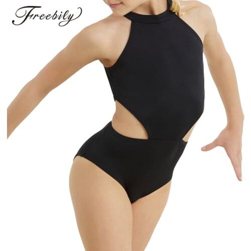 Kids Girls Professional Ballet Body Jumpsuit Sleeveless Halter Cutouts on Waist Backless Ballet Gymnastics Leotard Dancewear