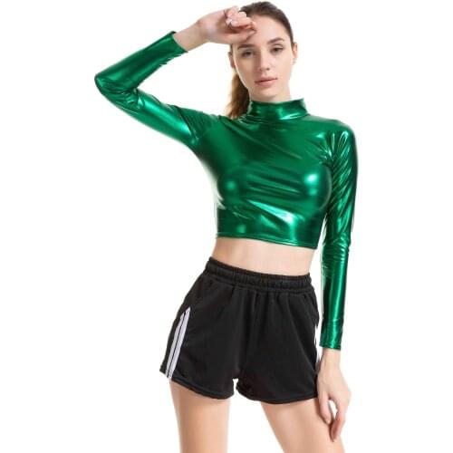 DROZENO Sexy womens solid color short slip-on long-sleeved tights cosplay rubberized performance dress slim small high neck