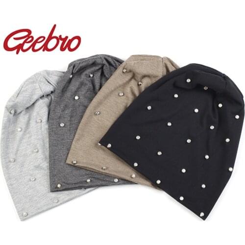 Geebro 2020 Women casual Rhinestone Diamond Hat Knit Slouchy Beanie Girls Bonnet Skull Baggy Cotton Gorro Spring Hats
