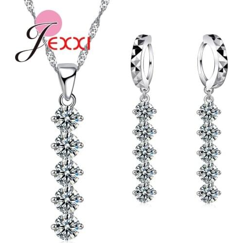 Trendy 925 Sterling Silver African Crystal Long Tassel Drop Necklace Earrrings Set Brincos Collar Wedding Jewelry Sets