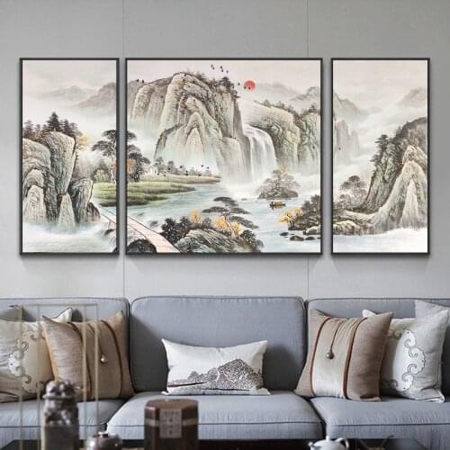 3pcs Wall Art Traditional Chinese Mountain and River Landscape Zen Painting Hall Living Room Decor Canvas Poster Print Picture