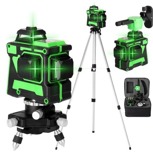 3D 12 Lines Self-leveling Laser Level with 1.5M 3 Heights Adjustable Alloy Extension Bar Tripod Stand and Carrying Bag