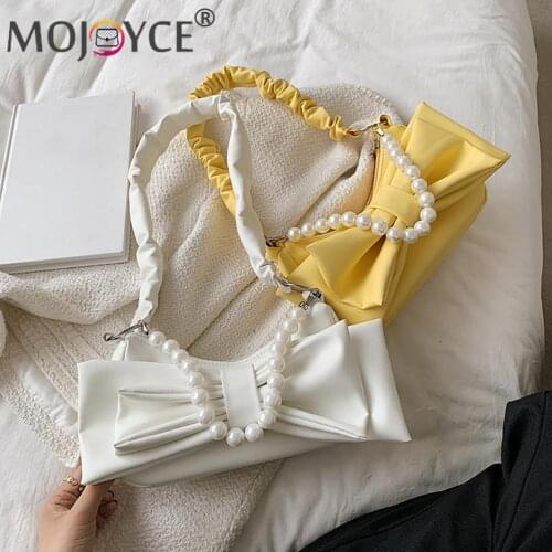 2021 New Retro Women Pearl PU Bowknot Shoulder Underarm Bag Pleated Solid Color Soft Leather Women Designer Handbag