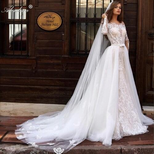Alonlivn Charming Applique Bridal Gowns Mermaid Lace Wedding Dresses 2 In 1 Full Sleeves Boat Neck Wedding Dress Customize Made