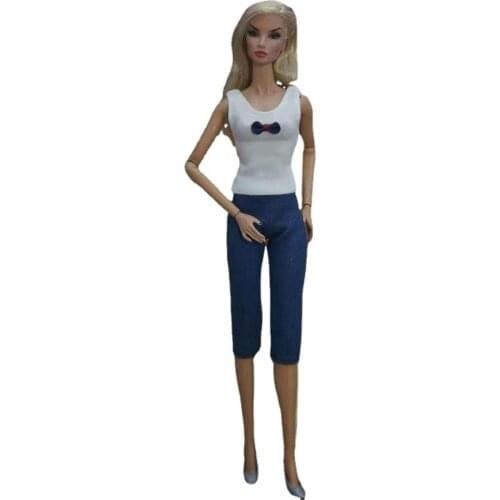 11.5" Dolls Clothes White Tank Top Jeans Denim Crop Pants Outfits For Barbie Accessories Kids Playhouse Clothing Kids DIY Toys