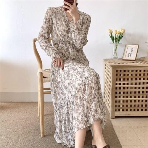 Alien Kitty Waist-Controlled Chic Elegant Chic V-Neck Vintage Fresh Sweet Chiffon Pleated 2020 Print Floral Women Retro Dresses
