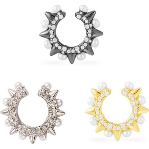 Small Spike Mono Sliding Ear Jackets With Pearls Hoop Earrings Cuff CZ Crystal Pave