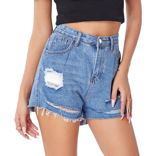 Fashion Stylish Casual Sexy Ripped Shorts Female Wild Solid Color High Waist Slim Fitting Hole Distressed Tassel Denim Shorts