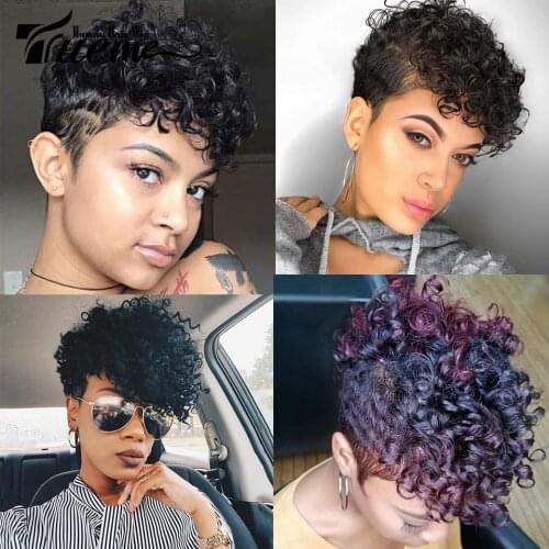 Trueme Fashion Piexie Cut Fumi Curly Human Hair Wigs Brazilian Curly Remy Hair Short Wig For Black Women Full Machine Wig