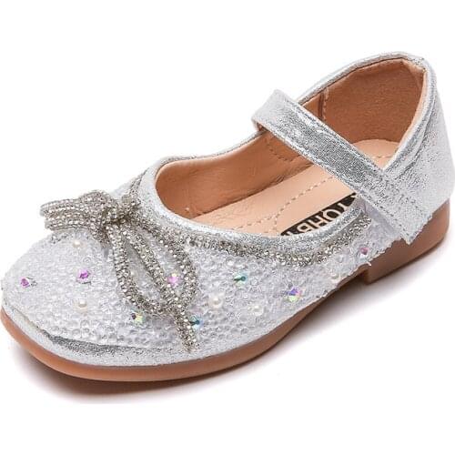 Girls Party Shoes Children Casual Flats for Toddlers Big Kids Bling Shiny Dress Shoes for Wedding Rhinestone Bowtie Princess New