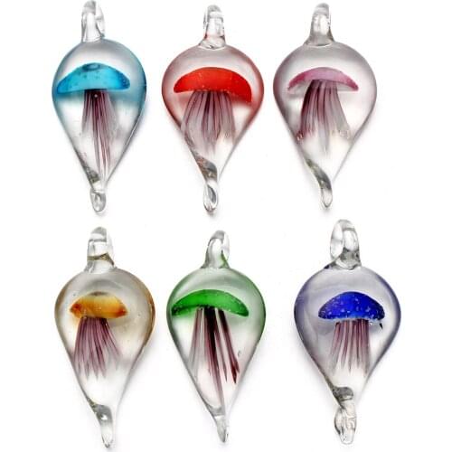 Yingwu Wholesale 6pcs Lot Jewelry Jellyfish Lampwork Glass Pendant Bead Animal Murano For Necklace Making Cute Gift