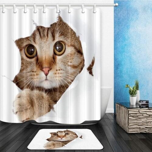 Funny Gray Cat Shower Curtains Set Cute Animal Pet Kitty Bathroom Decor Home Bathtub Hang Curtain and Flannel Mat Carpet Cheap