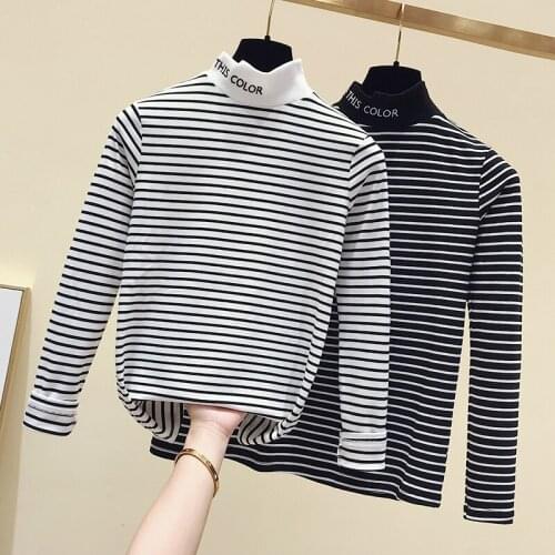 Gkfnmt Fashion Black White Striped Women Long Sleeve T-shirt Turtleneck T-shirt Soft Pleasant Elegant Casual Winter Fall Tees