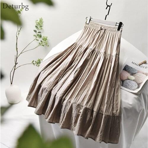 Womens Elegant Vertical Stripes Cotton Skirt Female Korean High Waist Pleated Lace-up White A-Line Midi Skirts 2020 Summer SK522